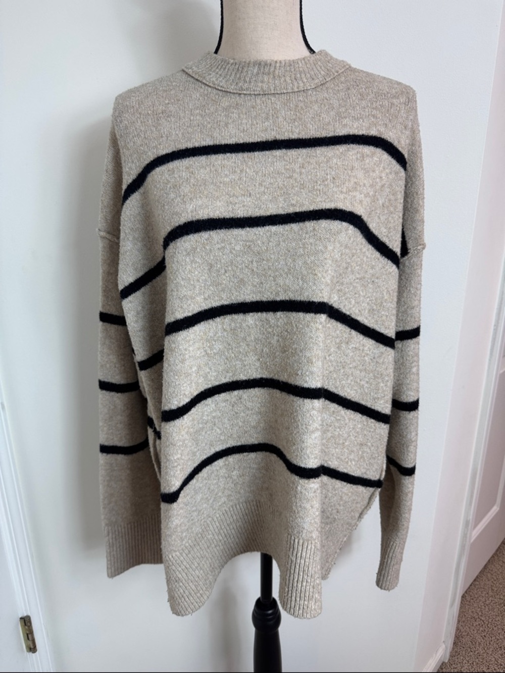 Aerie Striped Oversized Crewneck Sweater Small Oatmeal Beige Black Boho Coastal